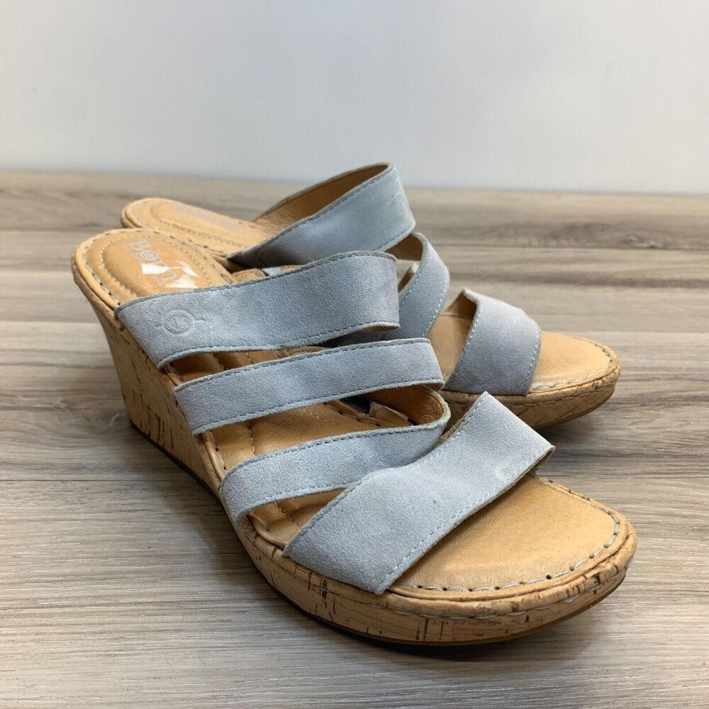 Born Womens Edithe Sandal Size 8 Blue Suede Wedge Heel Platform Strap Slide